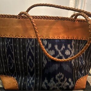 Elegant Tan leather and Blue canvas Women's Tote Bag
